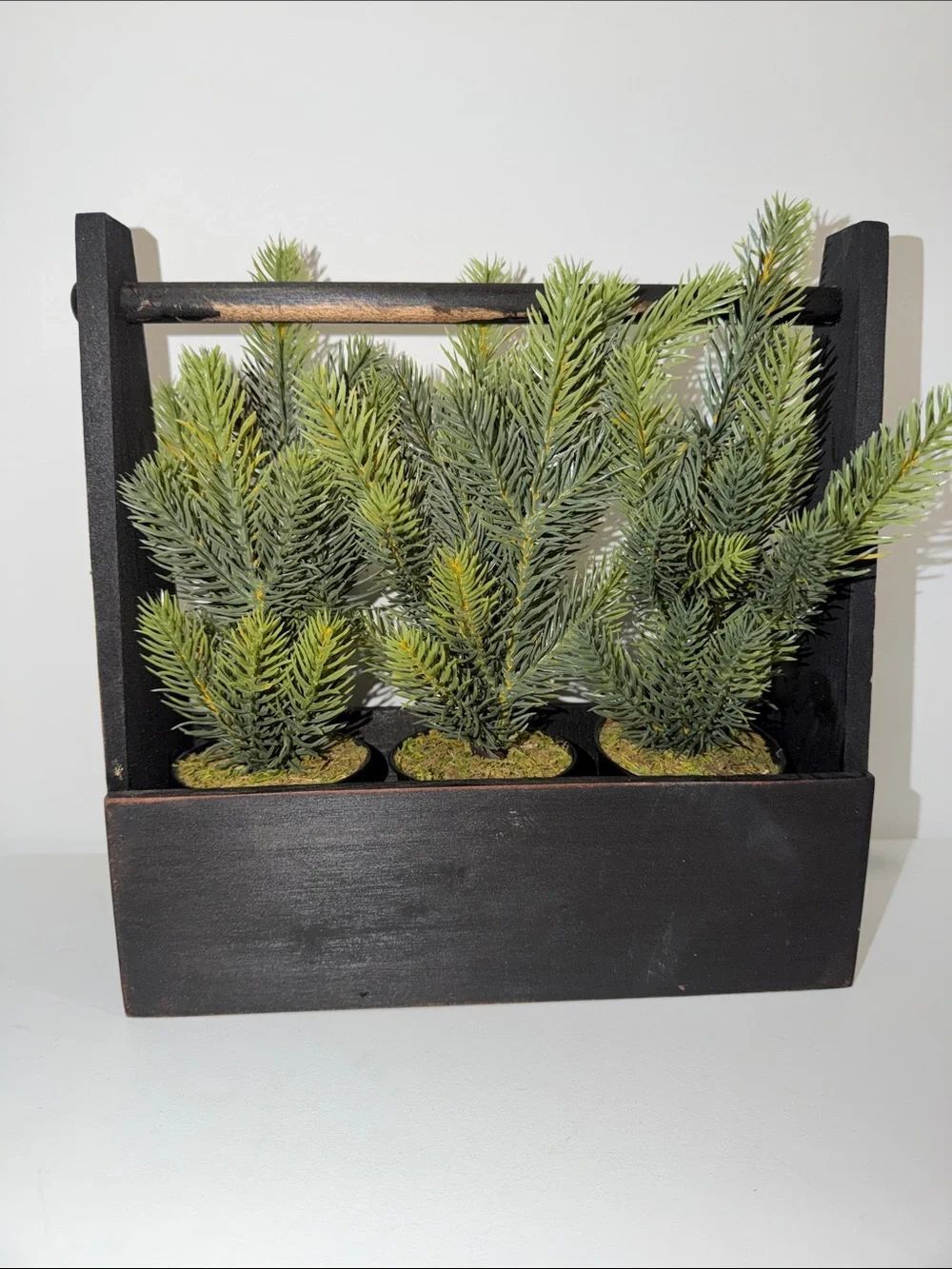 Black Rustic Wooden Center Piece Three Faux Pine Trees